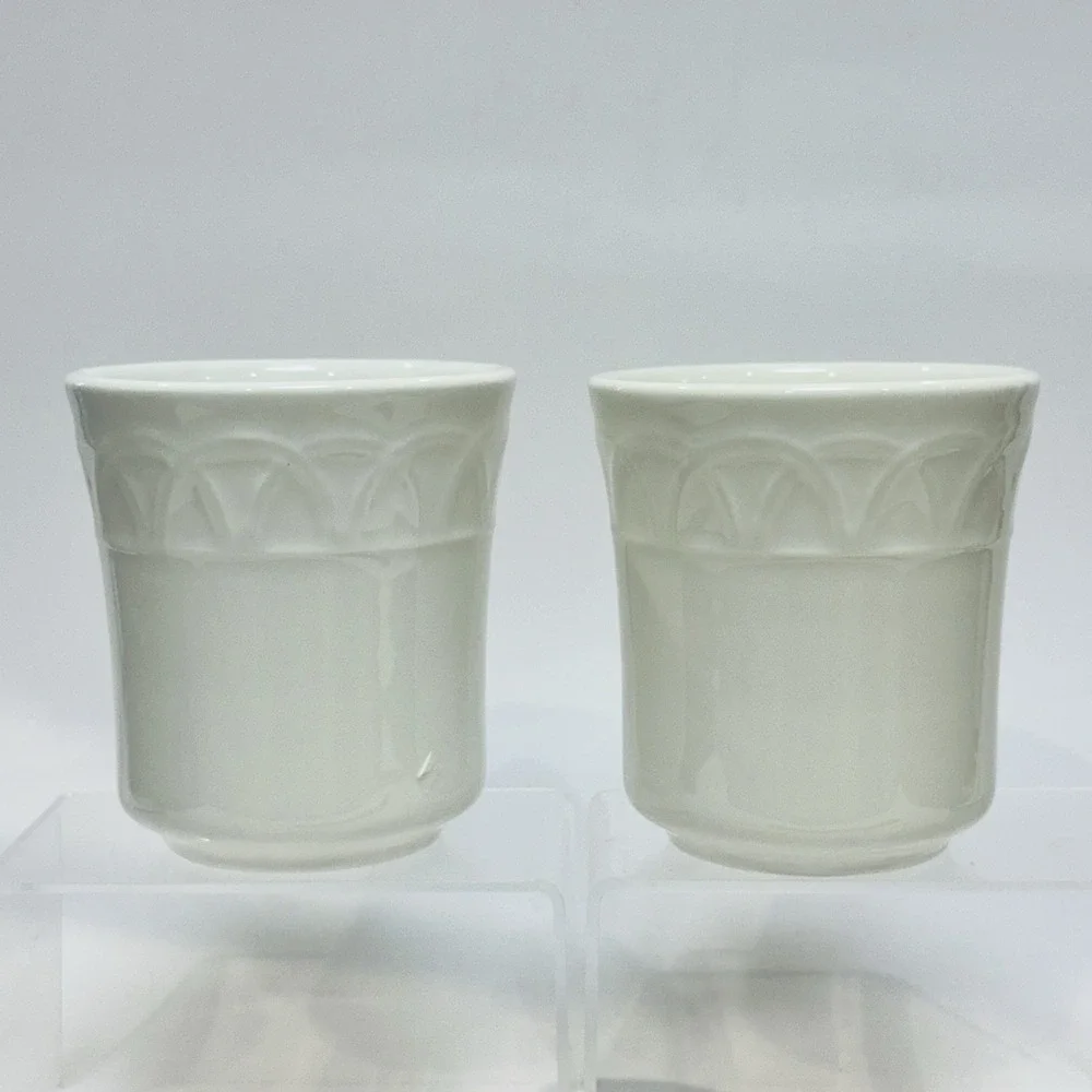 (2) Pier 1 Coffee Cup Mug Set Made‎ in Italy White w Raised Arches Relief